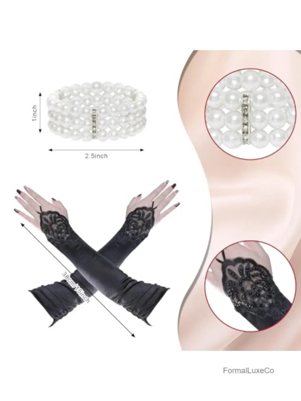 Gatsby Costume Accessory Set Flapper Headband Pearl Necklace Bracelet Gloves
